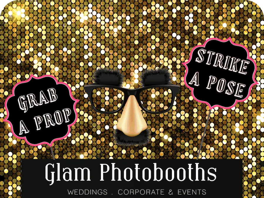 Gold Sequin Photo Booth Backdrop with Glam Photobooths Logo