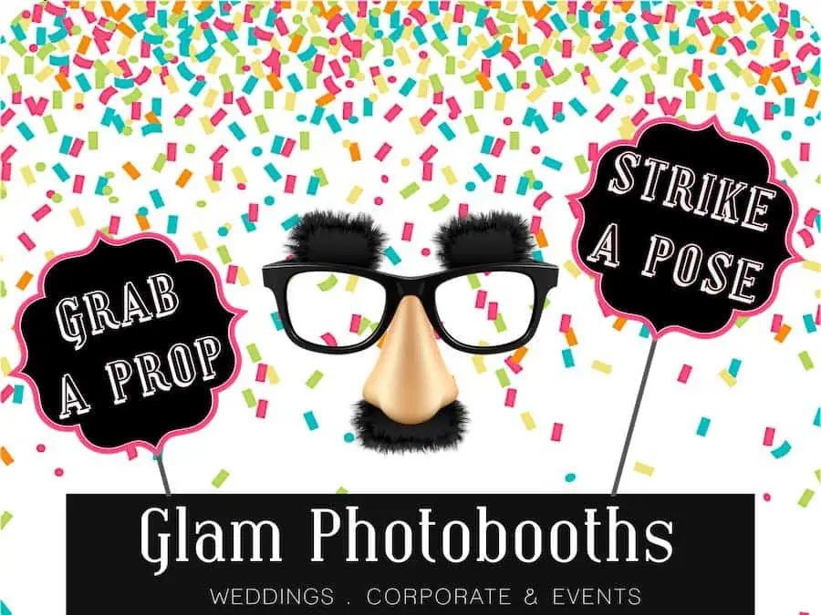 Colourful Confetti Photo Booth Backdrop with Glam Photobooths Logo