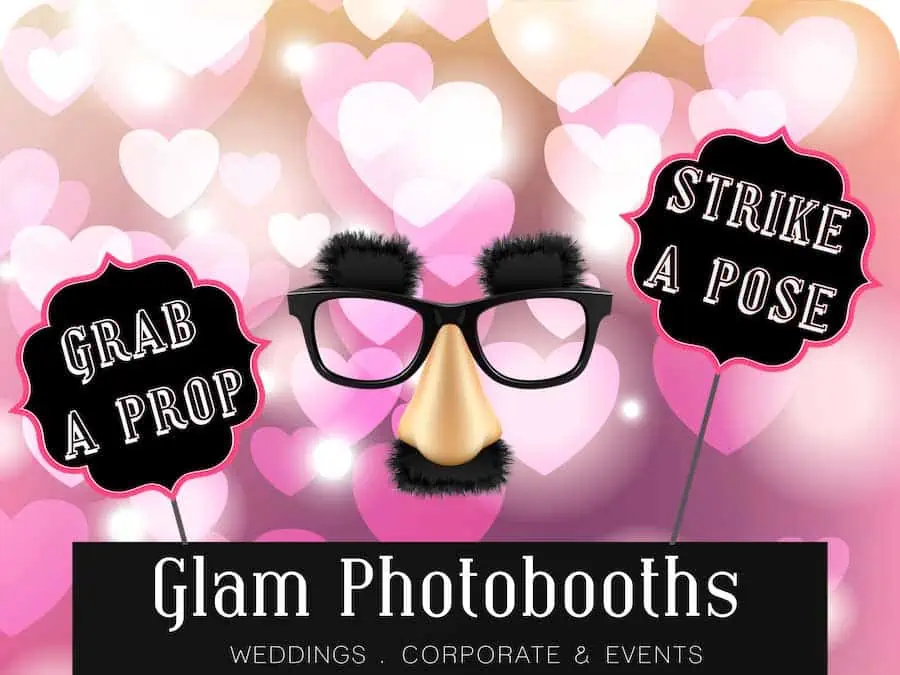 Pink Hearts Photo Booth Backdrop with Glam Photobooths Logo