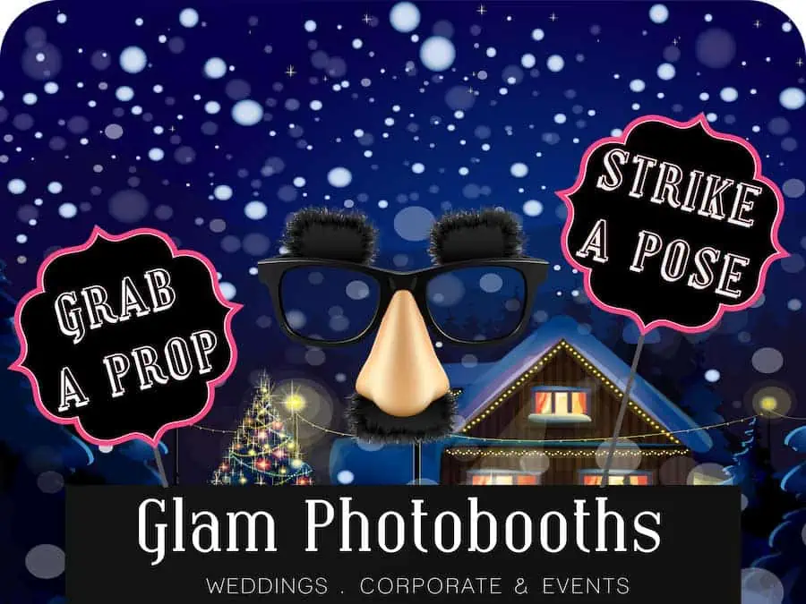 Christmas Photo Booth Backdrop with Glam Photobooths Logo