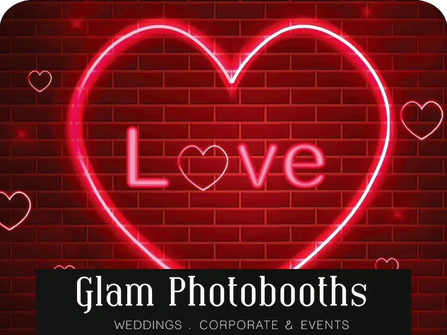 Red Neon Love Photo Booth Backdrop with Glam Photobooths Logo