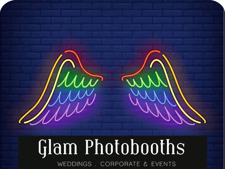 Neon Wings Photo Booth Backdrop with Glam Photobooths Logo