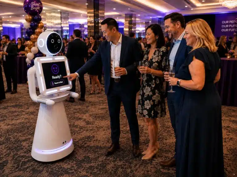 Guests interacting with the Glam Photobooths Robot Photo Booth at a Melbourne corporate event.
