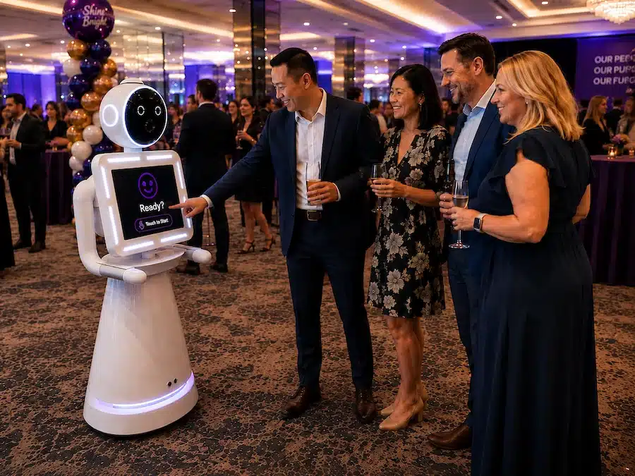 Guests interacting with the Glam Photobooths Robot Photo Booth at a Melbourne corporate event.