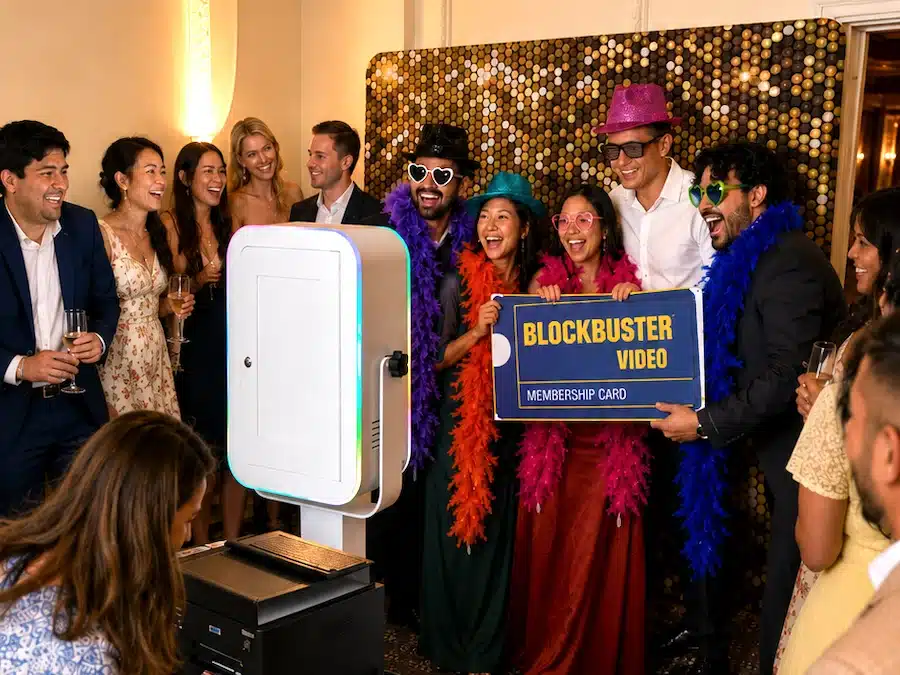 Guests having fun with props at a wedding photo booth in Melbourne by Glam Photobooths.