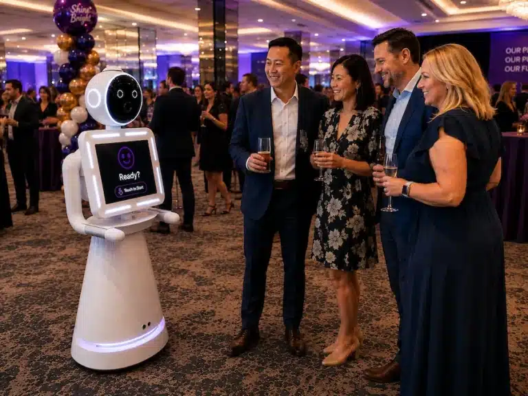 Guest interacting with the Glam Photobooths Robot Photo Booth touchscreen at a Melbourne corporate event.