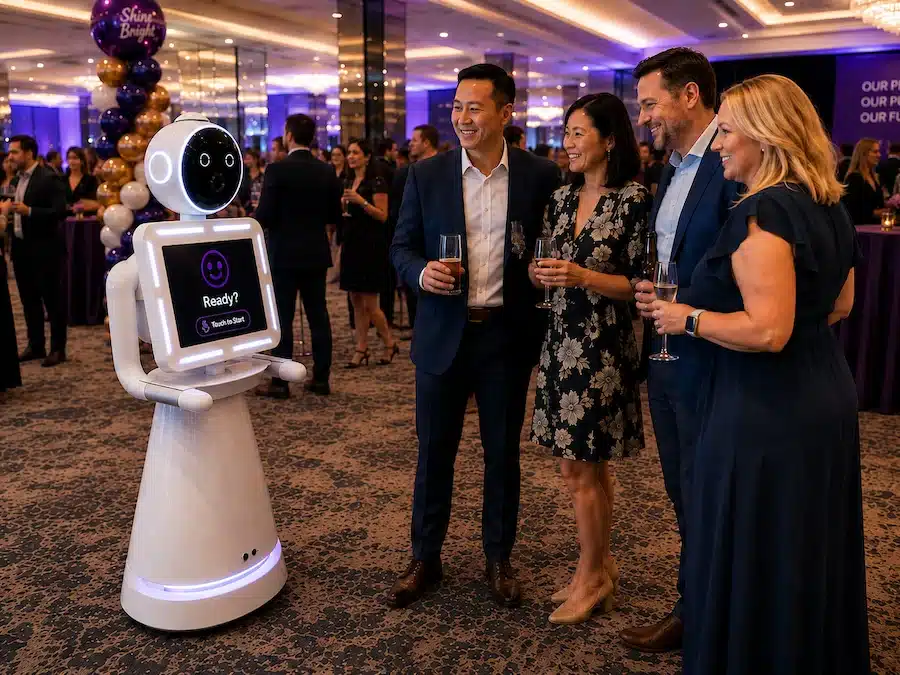 Guest interacting with the Glam Photobooths Robot Photo Booth touchscreen at a Melbourne corporate event.