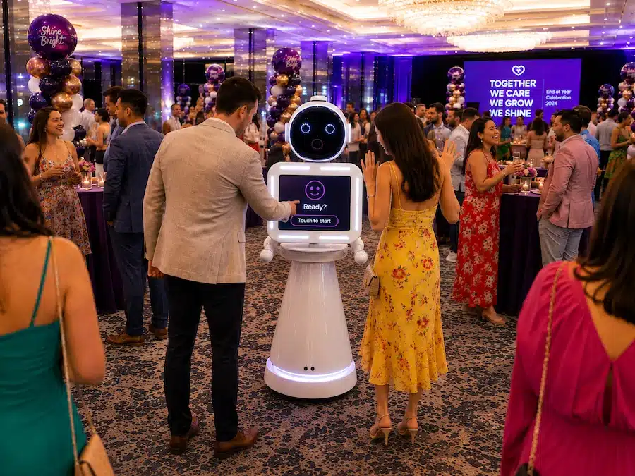 Guests using the Glam Photobooths Robot Photo Booth touchscreen at a Melbourne corporate event.