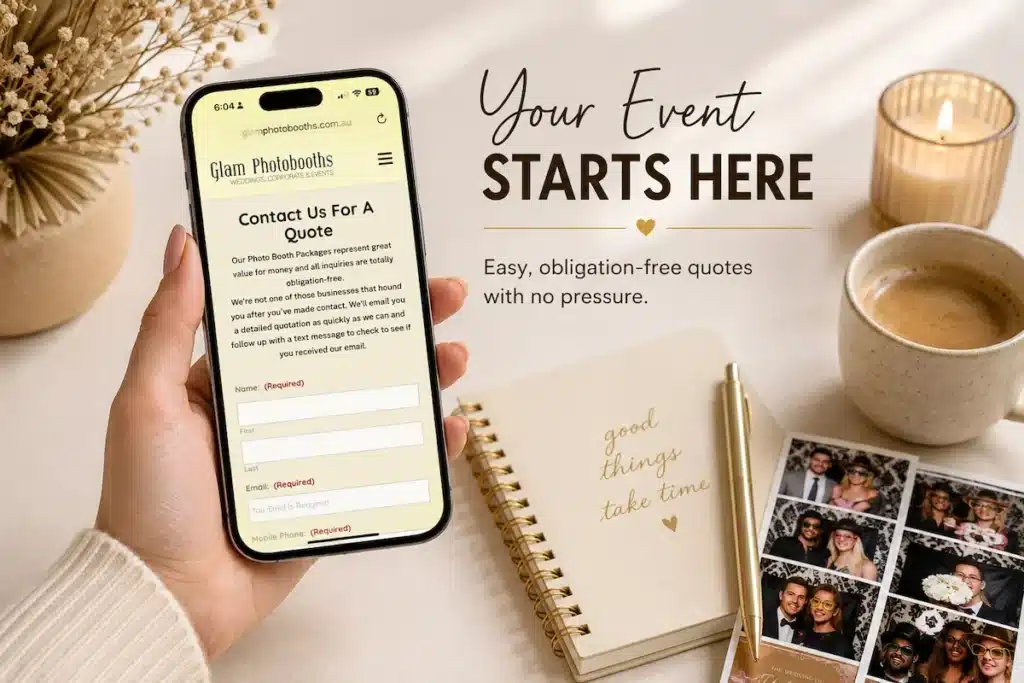Glam Photobooths online quote page showing an easy, obligation-free quote process