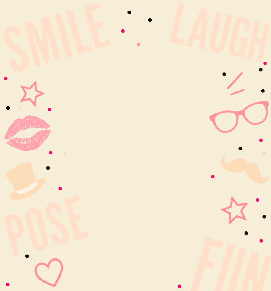 Fun photo booth background with pink glasses, lips, hats, moustaches, stars and confetti
