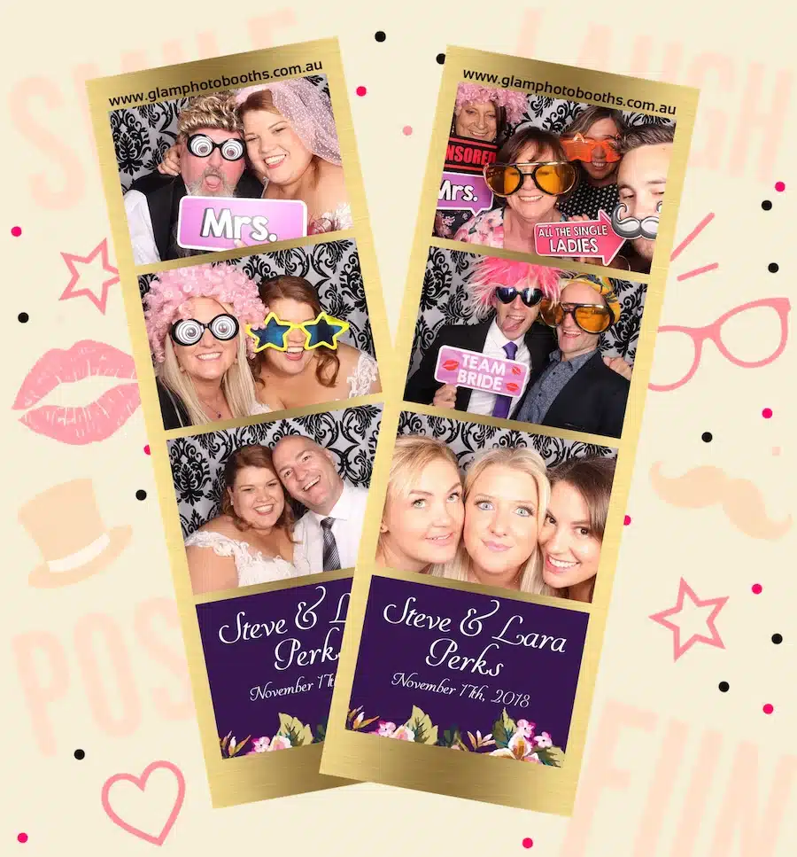 Traditional 2 x 6 inch photo strips from Steve and Lara's wedding displayed at an angle