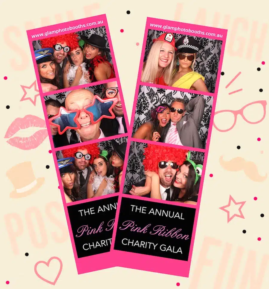 Two custom photo strips from The Annual Pink Ribbon Charity Gala, featuring guests in colourful costumes and props