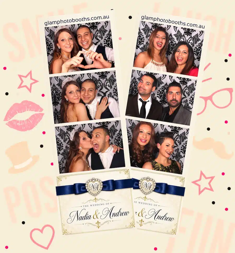 Two custom wedding photo strips for Nadia and Andrew featuring guests having fun in the photo booth