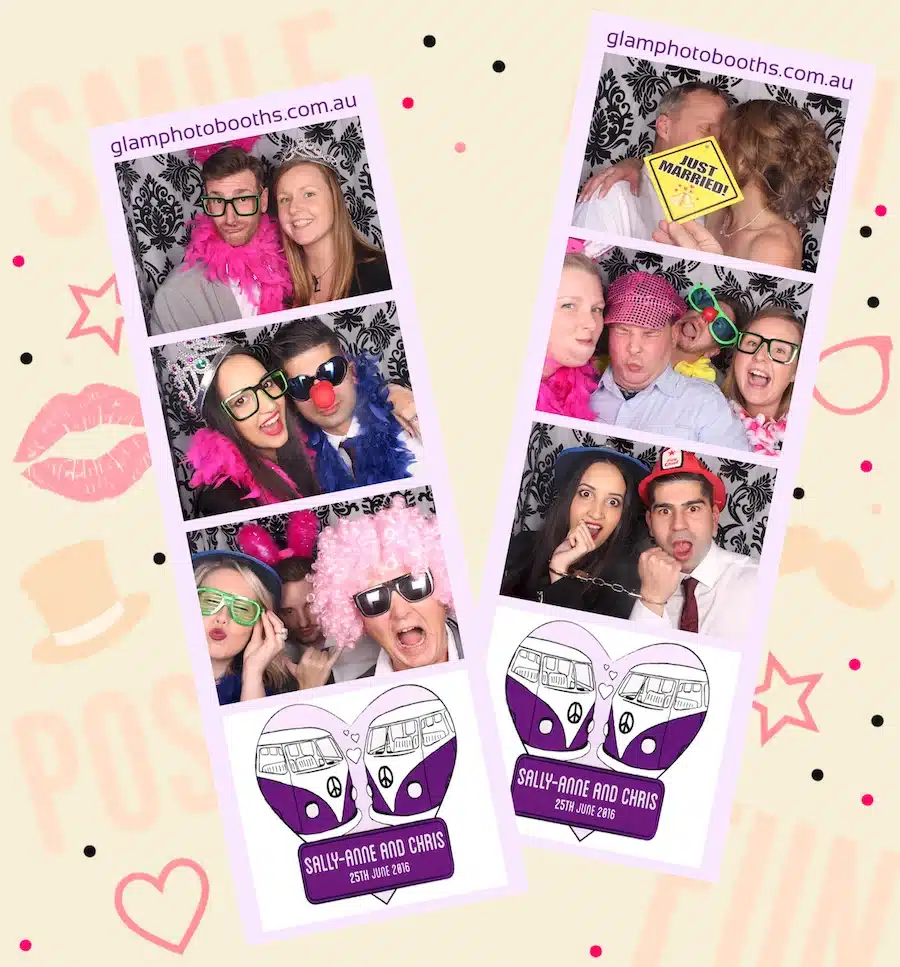 wo custom wedding photo strips for Sally-Anne and Chris featuring guests having fun with colourful photo booth props