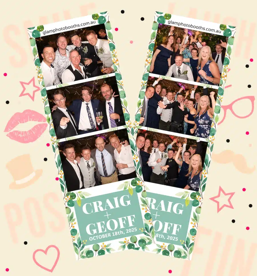 Two custom wedding photo strips for Craig and Geoff featuring friends and family celebrating together
