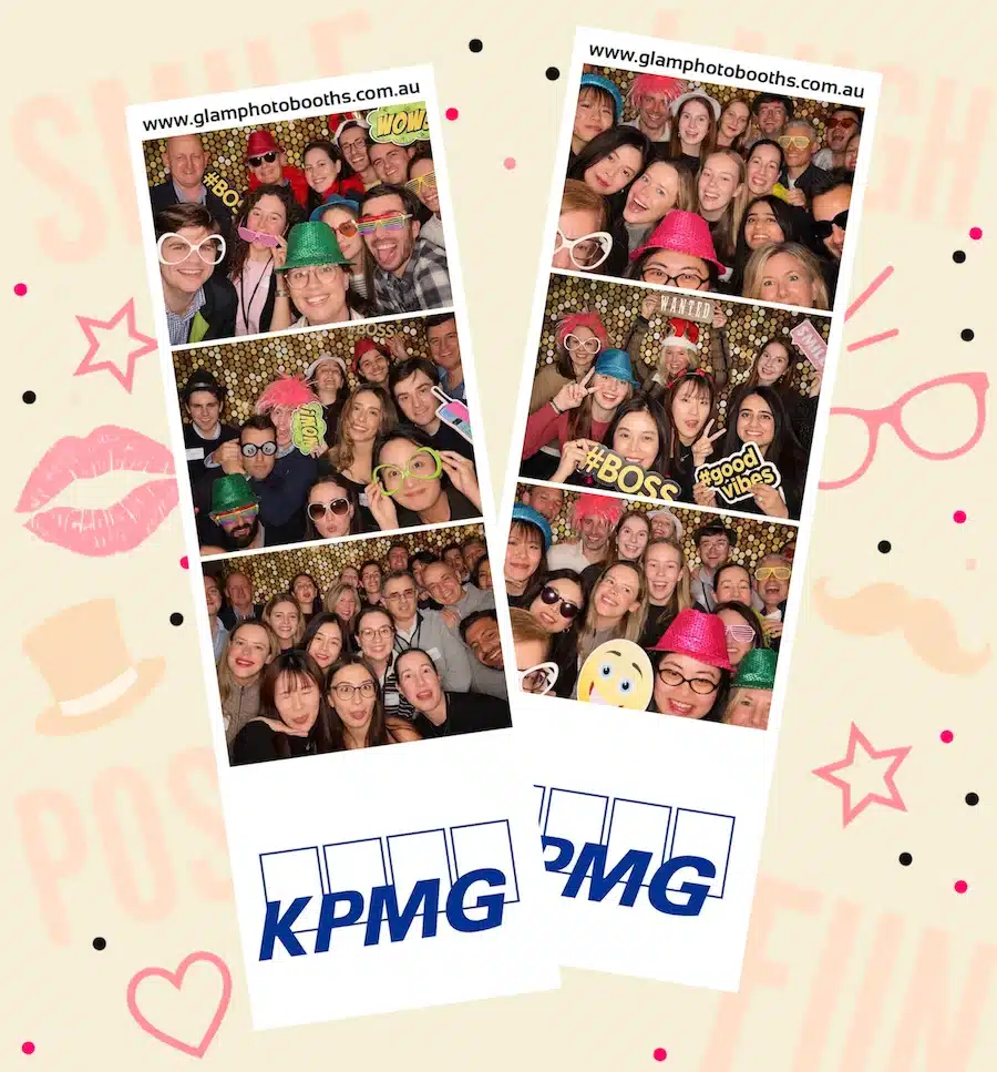 Two custom KPMG photo strips featuring colleagues having fun with colourful props at a corporate event