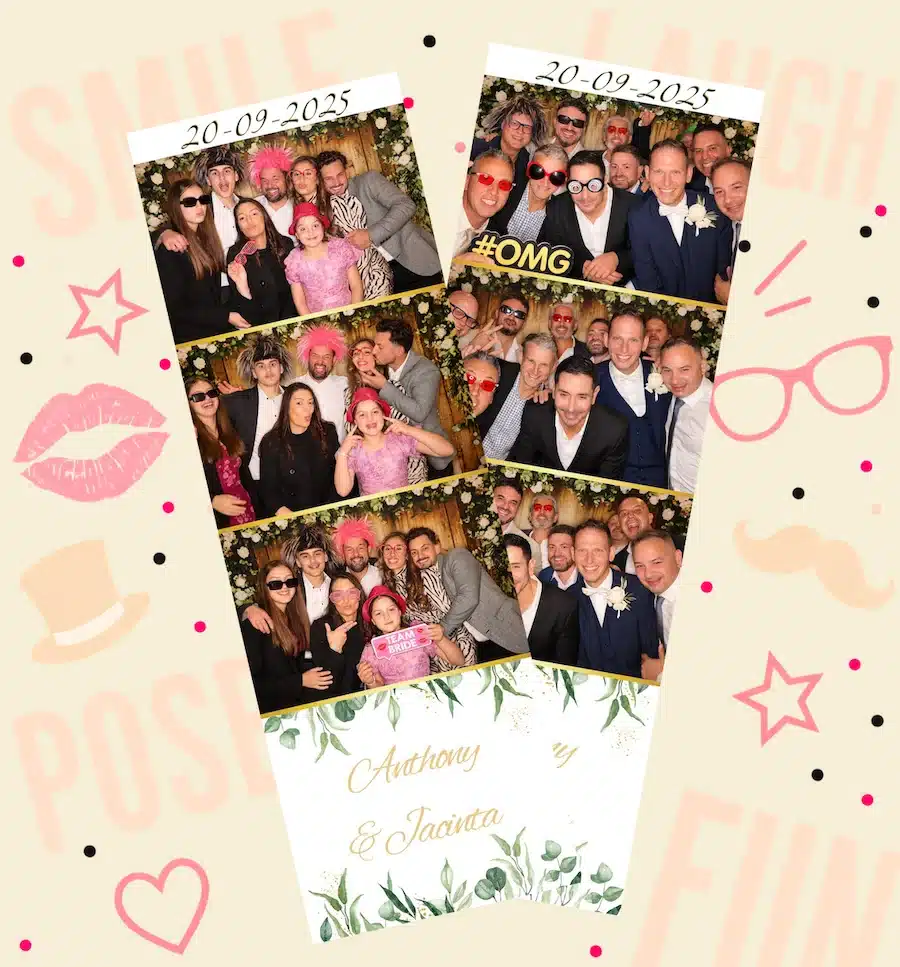 Two custom wedding photo strips for Jacinta and Anthony featuring family and friends celebrating with fun props