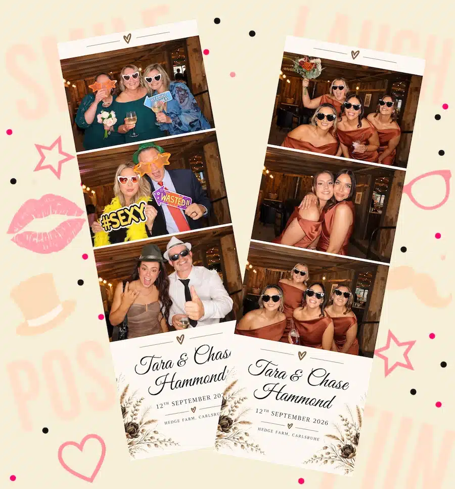 Two custom wedding photo strips for Tara and Chase Hammond featuring friends and family enjoying the photo booth