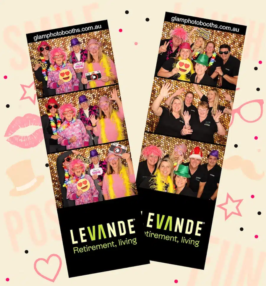 Two custom Levande photo strips featuring staff and guests having fun with colourful props at an open day
