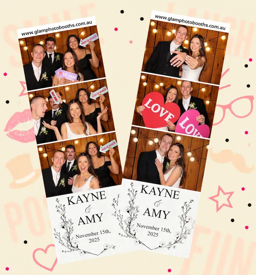 Two custom wedding photo strips for Kayne and Amy featuring the newlyweds, bridal party and wedding guests